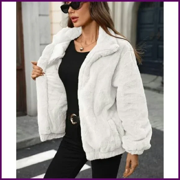 Faux Fur Lapel Zip Up Cropped Jacket Winter Coat Warm Fleece - Picture 5 of 7